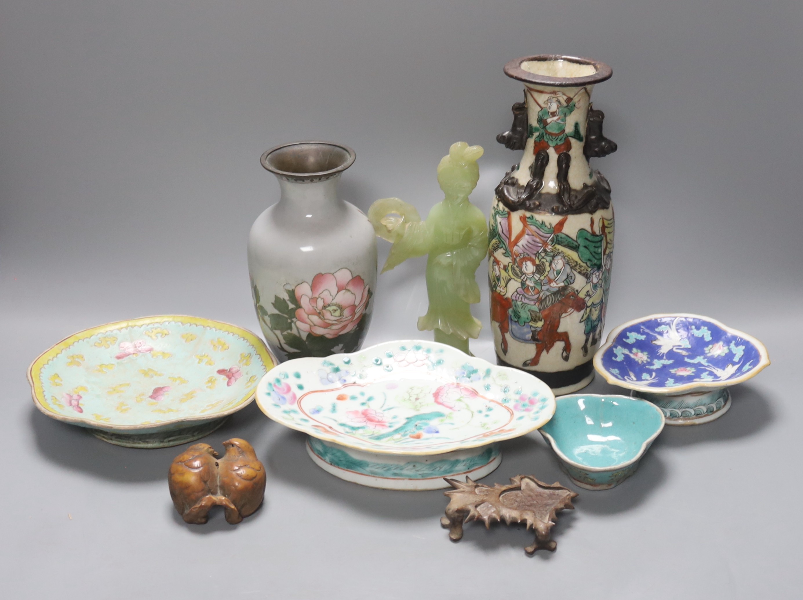 A group of 19th century Chinese porcelain dishes and a vase, and a Japanese ‘bird’ carving etc.